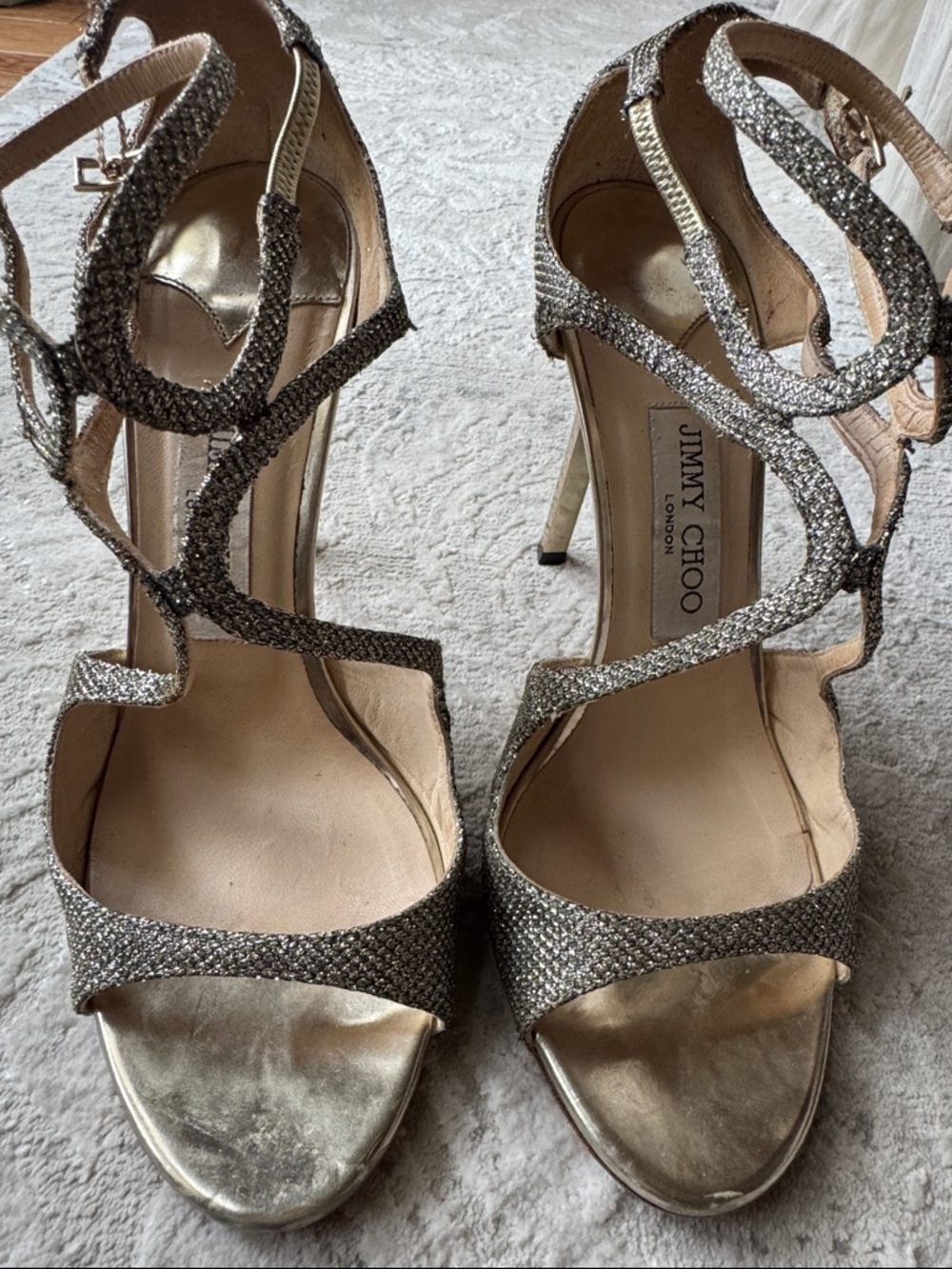 Jimmy Choo Metallic Gold Glitter Strappy High Heels